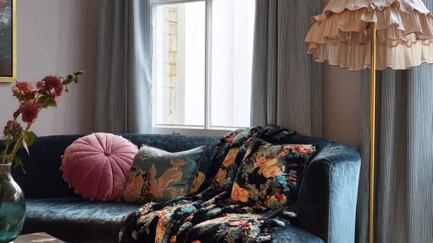 Elegant English country interior decor and design, featuring floral patterns, cosy textures, and sophisticated furnishings