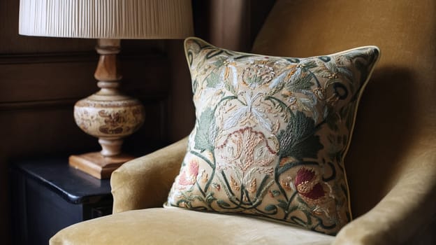 Elegant English country interior decor and design, featuring floral patterns, cosy textures, and sophisticated furnishings