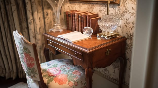 Elegant English country interior decor and design, featuring floral patterns, cosy textures, and sophisticated furnishings