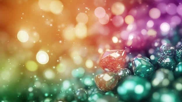 Bright and vibrant bokeh lights blend with sparkling gemstones, creating a whimsical and colorful visual effect that captivates the viewer's attention.