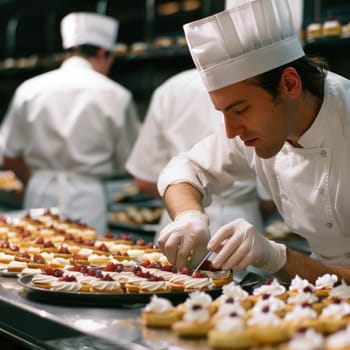 In a bustling kitchen, a pastry chef in a white uniform decorates various desserts with precision. Other chefs work in the background, creating an atmosphere of culinary creativity and teamwork.