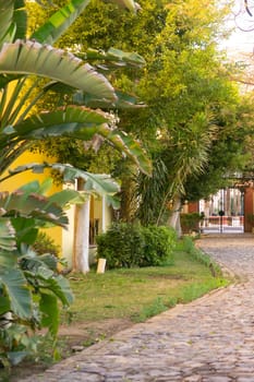 Winding stone path through a lush tropical garden leading towards buildings and a gate. Peaceful resort landscape design and natural pathway