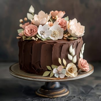 A stunning cake adorned with delicate pastel flowers in shades of green and pink sits elegantly on a rustic pedestal. This dessert is ideal for birthdays, weddings, or any festive gathering.