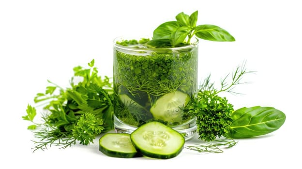 A vibrant green smoothie cocktail made from fresh vegetables like cucumber and basil sits on a clean surface. This healthy drink is ideal for a refreshing and nutritious experience any time of day.