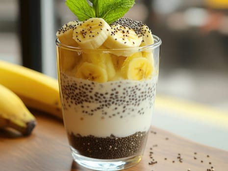 Delicious chia seed pudding layered with yogurt and garnished with fresh banana slices. This nutritious treat is perfect for breakfast or a healthy snack. Enjoy it anytime!