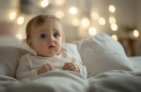 Sad little baby girl lying in bed at home or hospital. Child is ill with fever, flu, cold sick with stomachache, bronchitis, fatigued coughs. Kid is exhausted, healthcare and medical concept. Close up