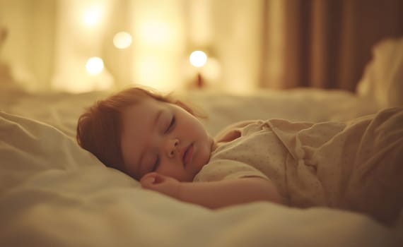 Little baby girl lying in bed, sleeping at home or hospital. Child is ill and sick. Kid is exhausted, healthcare and medical concept. Close up. Fast recovery after disease and medical treatment