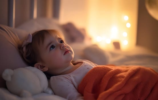Sad little baby girl lying in bed at home or hospital. Child is ill with fever, flu, cold sick with stomachache, bronchitis, fatigued coughs. Kid is exhausted, healthcare and medical concept. Close up