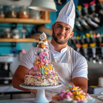 A skilled pastry chef presents a tall, colorful cake adorned with sweets, showcasing talent and artistry in a lively cafe setting where guests can admire his work.