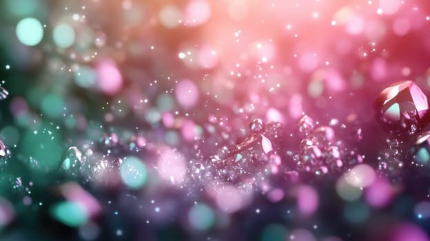 Vibrant lights and colorful bokeh create an enchanting atmosphere with sparkling crystals scattered throughout. The captivating interplay of colors and reflections draws in the viewer's gaze.