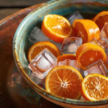 Fresh orange slices are nestled among clear ice cubes in a beautifully crafted bowl, showcasing a vibrant contrast. This setup invites enjoyment during a warm gathering.