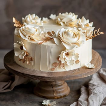 A beautifully crafted chocolate cake features delicate beige and gold decorations, set on a rustic wooden stand. The intricate floral designs enhance its elegance, perfect for celebrations.