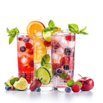 Bright cocktails filled with fruits and mint are served in clear glasses. The drinks showcase a vibrant mix of berries, citrus, and refreshing flavors, perfect for a summer gathering.