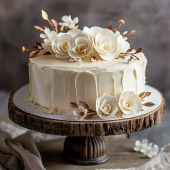 A beautifully designed chocolate cake sits on a rustic wooden stand, adorned with delicate beige and gold decorations. The elegant presentation makes it perfect for a special occasion.