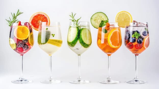 A collection of vibrant cocktails showcases a blend of fruits and vegetables in elegant glasses. Each drink features fresh ingredients like berries, citrus, and herbs, creating a refreshing display.