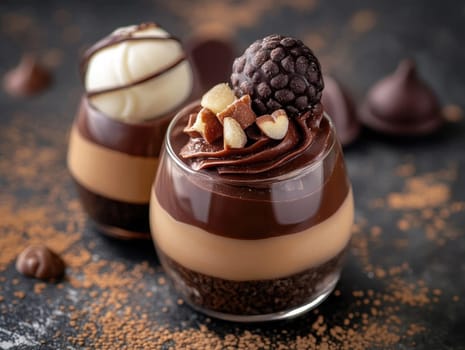 A decadent dessert art arrangement features layered chocolates and creamy white elements set on a dark backdrop. The visual delight includes garnishes and rich textures, perfect for sweet lovers.