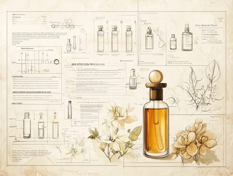 This infographic outlines the intricate steps of perfume production, featuring various bottles, ingredients, and technical drawings. It highlights the artistry and science behind creating fragrances.