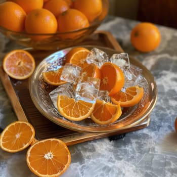 Bright orange slices and ice cubes are artistically arranged on a decorative tray, complemented by a bowl filled with whole oranges. This setup captures a lively and refreshing essence.
