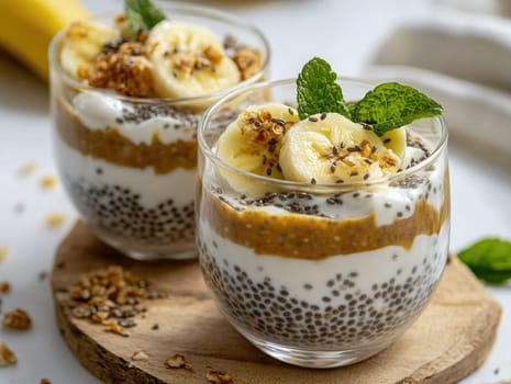 Creamy layers of yogurt, chia seeds, and banana create a tasty treat. Fresh mint adds color while the granola topping provides crunch, making it perfect for a healthy snack.