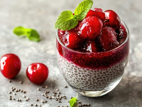 A delightful dessert featuring creamy chia seed pudding layered with vibrant cherry jam and garnished with fresh cherries. Perfect for a healthy treat any time of day.