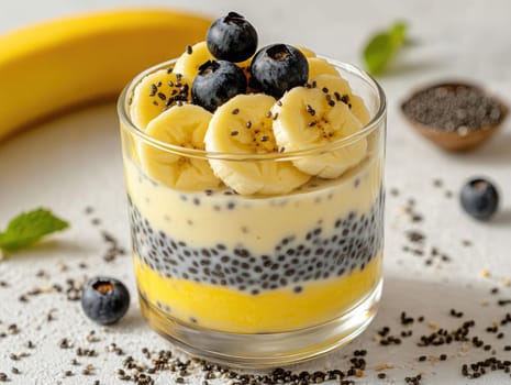 A delicious and nutritious treat features layers of yogurt, chia seeds, fresh banana slices, and blueberries. This healthy dessert is perfect for breakfast or a refreshing snack.