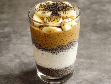 A healthy treat featuring layers of creamy yogurt, nutritious chia seeds, and fresh banana slices. This colorful parfait is perfect for breakfast or a snack.