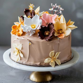 A stunning cake adorned with gentle pastel flowers, showcasing intricate sugar decorations that make it perfect for birthdays or weddings. Ideal for dessert tables.