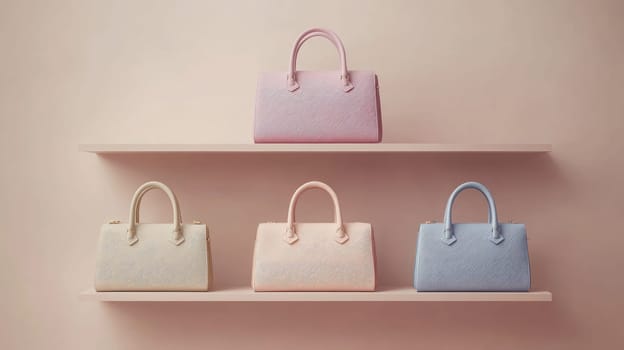 Four handbags in pastel colors are arranged on a light-colored shelf, showcasing different sizes and textures in a modern, minimalist space.