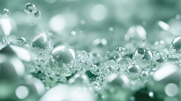 Droplets of water hover and shimmer above the surface, creating an enchanting atmosphere. The emerald green backdrop enhances the sparkling reflections and intricate details of each bubble.