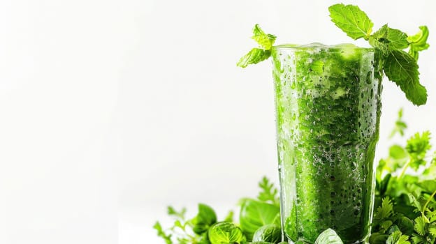 This vibrant cocktail combines fresh green vegetables blended into a nutritious smoothie, garnished with mint leaves, ideal for a health-conscious beverage option.