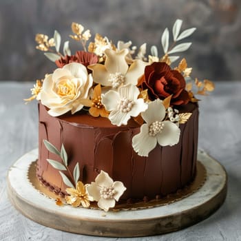 A beautifully crafted chocolate cake is decorated with an array of delicate, colorful edible flowers and leaves, perfect for a birthday or wedding celebration, showcasing floral artistry.