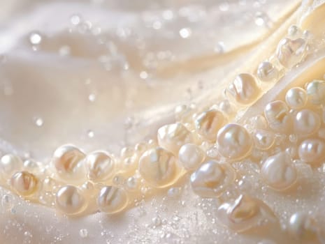 Glistening pearls lie gracefully against a soft golden fabric, creating an atmosphere of luxury. Their smooth surfaces reflect light, enhancing the overall elegance of the arrangement.
