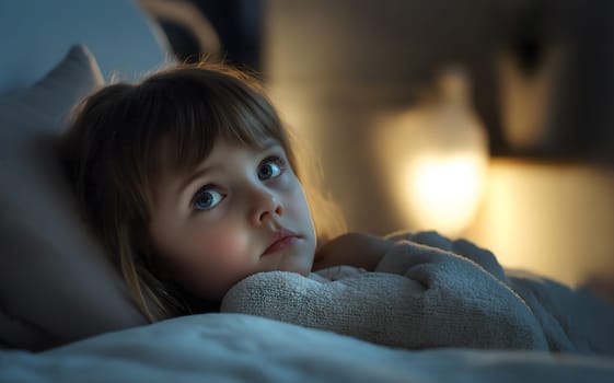 Sad little baby girl lying in bed at home or hospital. Child is ill with flu, cold, sick with stomachache, bronchitis, pneumonia, virus or infection. Kid is exhausted, healthcare and medical concept
