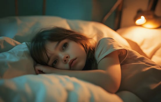 Sad little baby girl lying in bed at home or hospital. Child is ill with flu, cold, sick with stomachache, bronchitis, pneumonia, virus or infection. Kid is exhausted, healthcare and medical concept