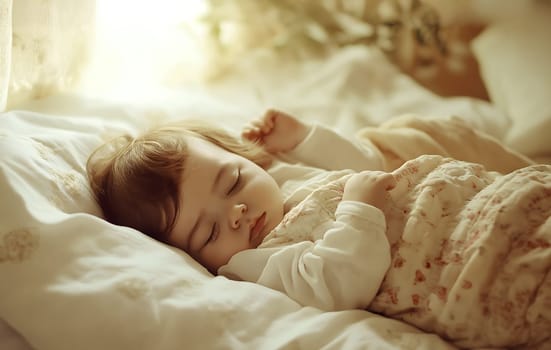 Little baby girl lying in bed, sleeping at home or hospital. Child is ill and sick. Kid is exhausted, healthcare and medical concept. Close up. Fast recovery after disease and medical treatment