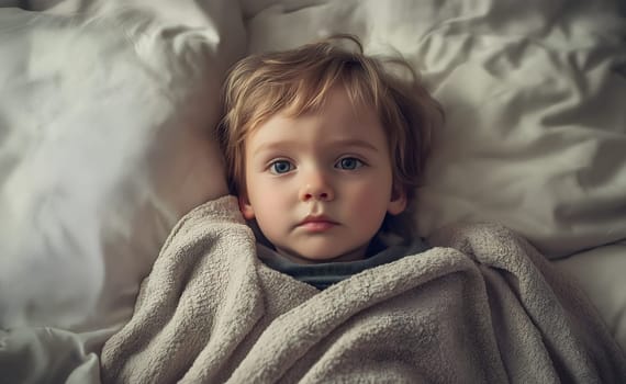 Portrait of sad little toddler lying in bed at home or hospital, looking at camera. Child is ill with fever, flu, cold sick with stomachache, virus, infection. Healthcare and medical concept. Close up