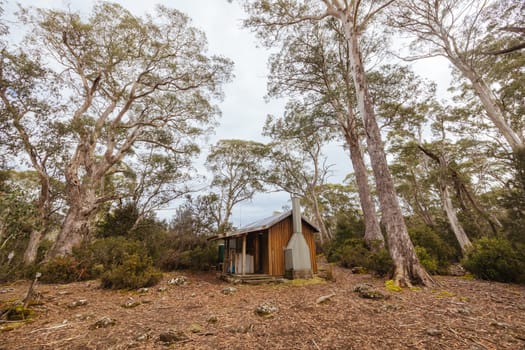 Iconic Narcissus Hut on the Overland Track. Photographed on a warm autumn morning in Cradle Mountain, Tasmania, Australia
