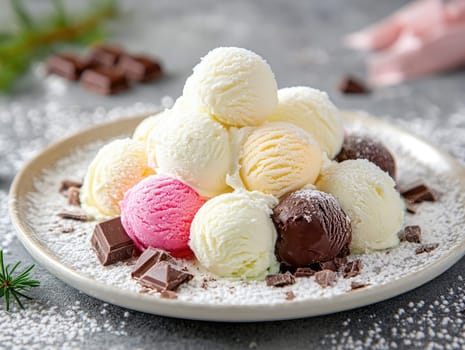 A delightful display of large ice cream balls arranged in a mountain shape on a plate, surrounded by chocolate chunks and sprinkled with powdered sugar, creating a sweet treat.