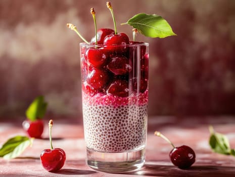 A refreshing dessert features layers of chia seeds topped with a rich cherry mixture, garnished with fresh cherries and a green leaf. Perfect for summer enjoyment.