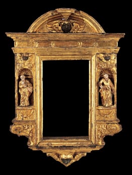 Detailed shot of an ornate, gilded Italian tabernacle frame from Verona (1540-50). Features intricate carvings, small figural niches, and a rich golden texture. Evokes a sense of historical religious artistry and craftsmanship.
