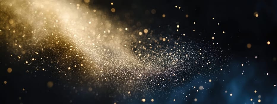 Swirling cosmic dust fills the dark background, creating a mesmerizing display of sparkling particles. This celestial phenomenon highlights the beauty of the universe and its mysteries.