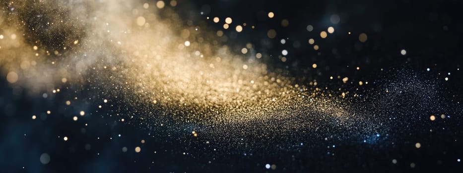 Swirling cosmic dust creates a mesmerizing display of shimmering particles against a dark backdrop. The scene captures the essence of space, highlighting its beauty and mystery.
