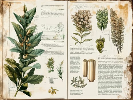 Showcasing exquisite botanical illustrations, this infographic highlights detailed notes and sketches of various plant species, reflecting a classic, old-world aesthetic.