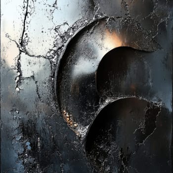 An engaging composition emphasizes the contrast of sleek black metal textures with cracks and imperfections.