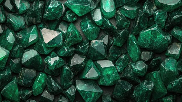 A collection of vibrant green gemstones is displayed together, highlighting their unique shapes, sizes, and polished surfaces. The rich hues create a striking visual effect.
