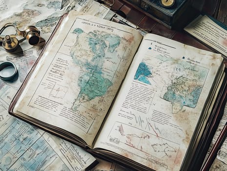 Geographical journal opened to reveal intricate maps and handwritten observations, highlighting various locations in North and South America from a historical perspective.