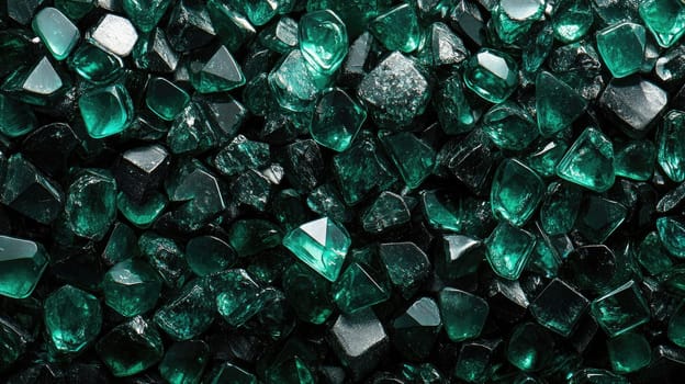 Scattered emerald gemstones display a variety of shapes and shades of green. The rich, vibrant colors highlight their natural beauty, creating an appealing visual texture.