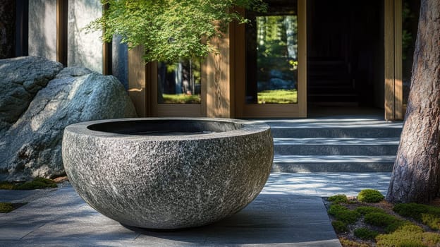 A large round stone basin sits in a tranquil garden surrounded by greenery and rock formations. The entrance to a contemporary building is visible in the background.