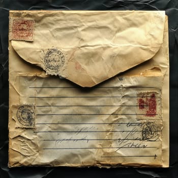 An antique envelope displays various vintage stamps and handwritten addresses, illustrating the style of correspondence from a bygone era. The detailed postal features capture a rich history.