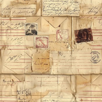 An aged envelope displays a collection of vintage stamps and handwritten notes from various locations and times, reflecting personal correspondence and historical significance.